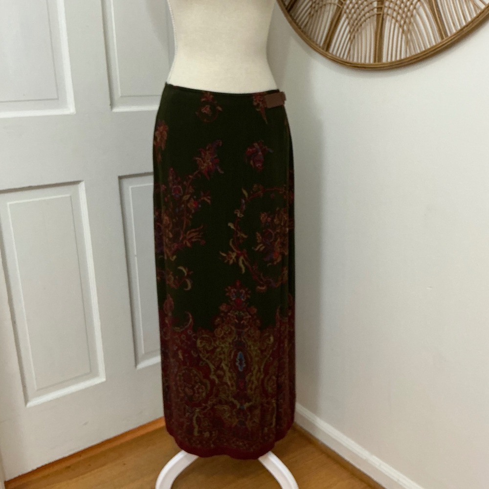 Lauren Ralph Lauren Wool Blend Paisley Wrap Maxi Skirt 8 Dark Academia Vintage
